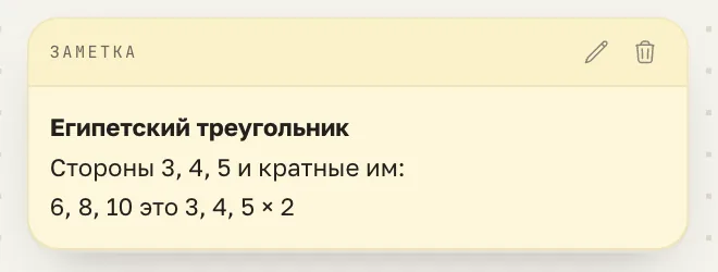 Жёлтая заметка на доске: «Египетский треугольник. Стороны 3, 4, 5 и кратные им»